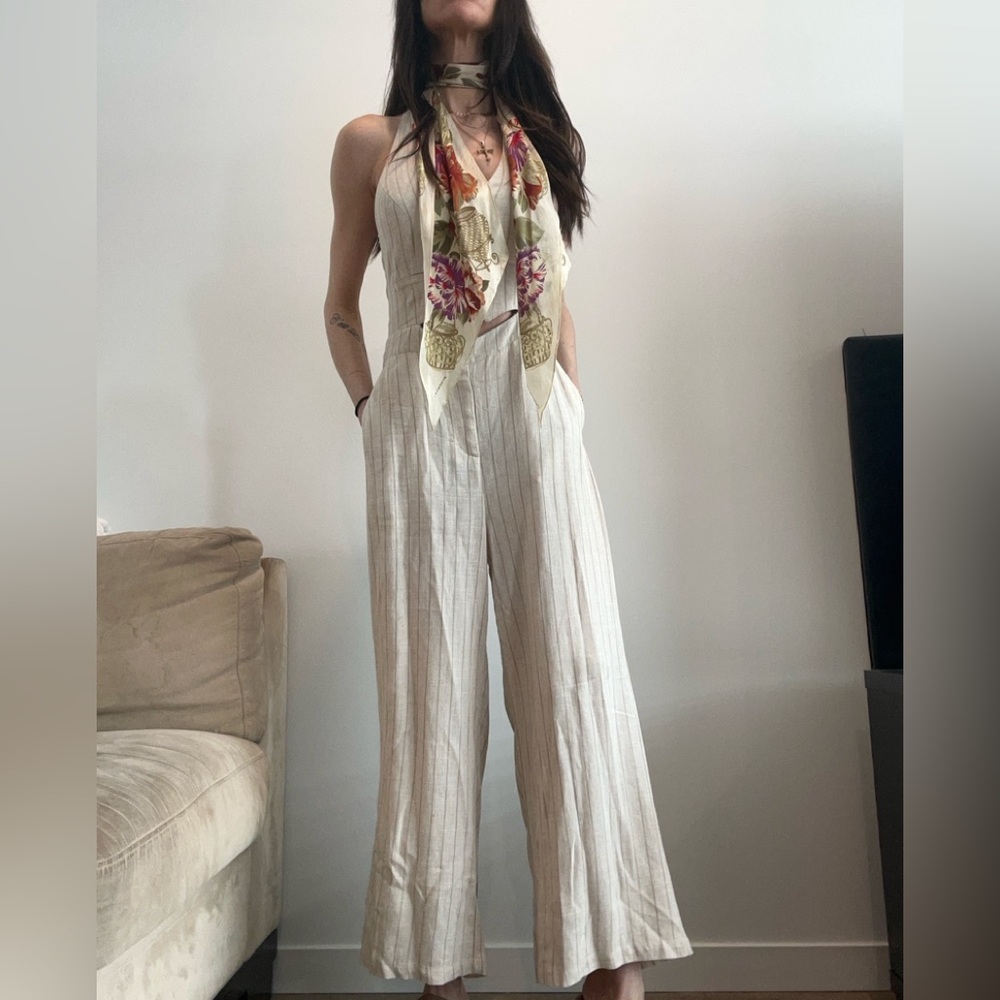 Zara Cream Pinstripe Wide-Leg Halter Jumpsuit